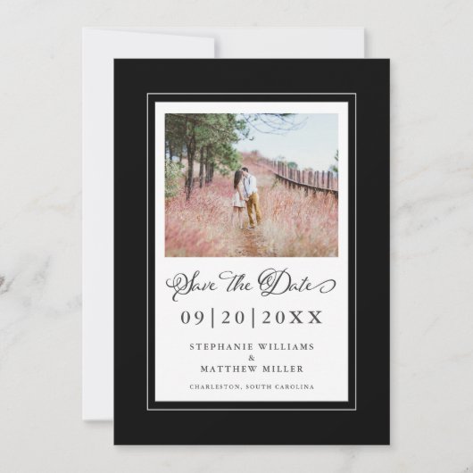 Foto Elegant Script Weduwend Black Border Save The Date (Voorkant)