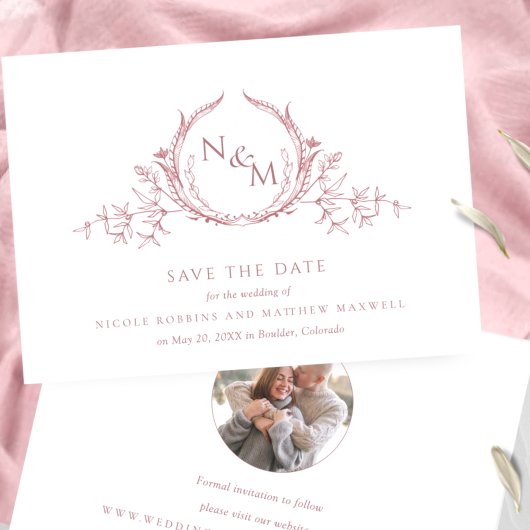 Foto, Elegant Stof Roze Monogram Trouwdag Save The Date