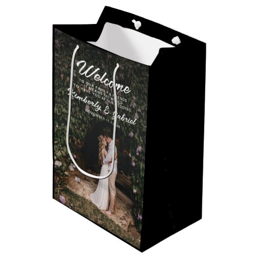 Foto Elegant Zwart Bruiloft Welkom Medium Cadeauzakje (Voorkant Gekanteld)
