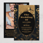 Foto Elegante Art Deco Peacocks Bruiloft Kaart (Voorkant / Achterkant)