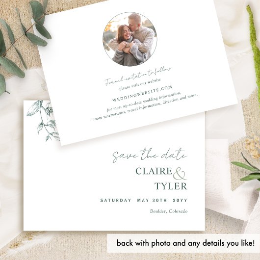 Foto, elegante en minimale groene bruiloft save the date
