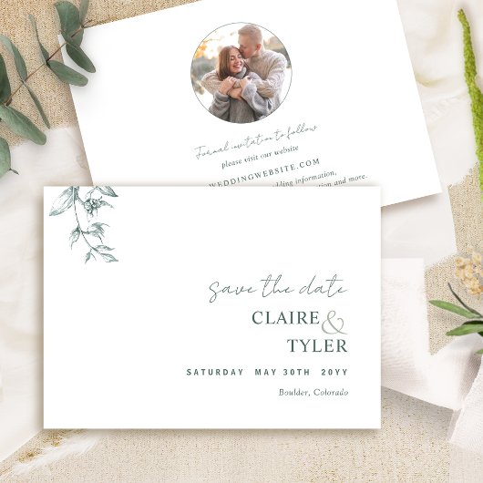Foto, elegante en minimale groene bruiloft save the date