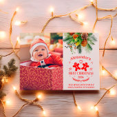 Foto Elegante Floral Baby's Eerste Kerstmis Feestdagenkaart