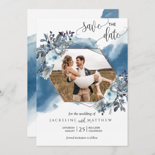 Foto Elegante Geometrische Blauwe Waterverf Save The Date (Voorkant / Achterkant)