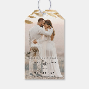 Foto, Elegante Gouden Bladeren Bruiloft Save the D Cadeaulabel