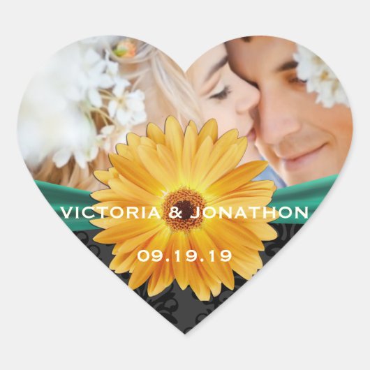 Foto Emerald and Yellow Gerber Daisy Wedding Hart Sticker (Voorkant)