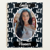 Foto en naam voor meisjes - Black White Leaf Planner (Voorkant)