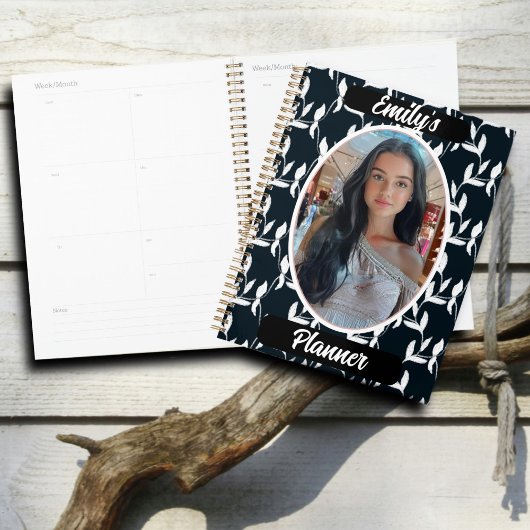 Foto en naam voor meisjes - Black White Leaf Planner
