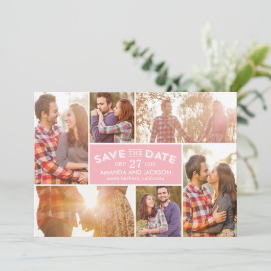 Foto etalage: datum opslaan - Roze Save The Date (Staand voorkant)