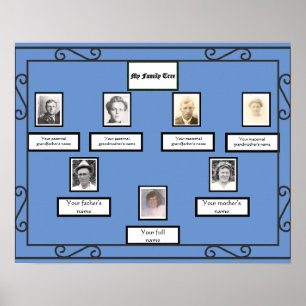 Foto Family Tree smeedijzeren look border op blauw Poster