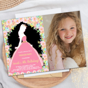 Foto Floral Glitter Zwart Roze Prinses Verjaardag Kaart