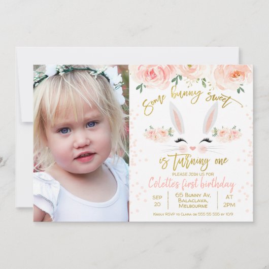 Foto floral konijnengezicht 1e verjaardag uitnodig kaart (Voorkant)