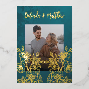 Foto Floral Line Art Gold Wedding Folie Uitnodiging