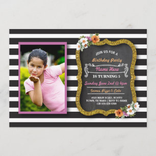 Foto Floral Stripe Flowers Pink Birthday Invite Kaart