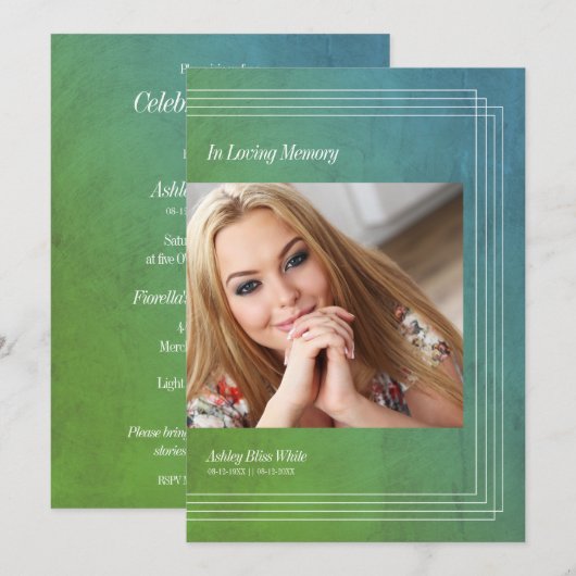 Foto: Funeral Invitation Green Faux Metallic Kaart (Voorkant / Achterkant)