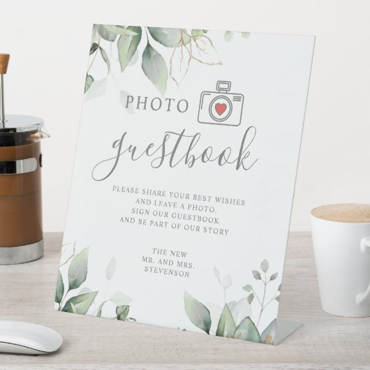 Foto gastenboek eucalyptus & goud groen bruiloft reclamebord met voetstuk (Insitu)