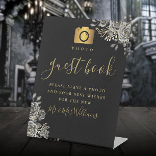 Foto Gastenboek Zwart en Goud Gotische Rozen Reclamebord Met Voetstuk