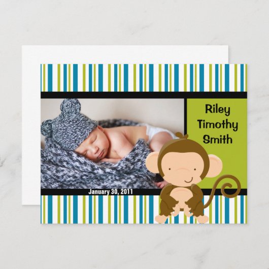 Foto geboorteaankondiging - Baby Boy met aap Aankondiging (Voorkant / Achterkant)