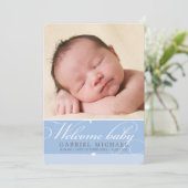 FOTO GEBOORTEAANKONDIGING baby mooi script blauw Aankondiging (Staand voorkant)