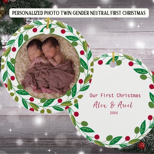 Foto Gepersonaliseerde Twin Boys Eerste Kerstdag Keramisch Ornament