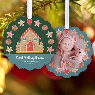 Foto Gingerbread Sweet Holiday Wishes Groen Blauw Ornament Kaart