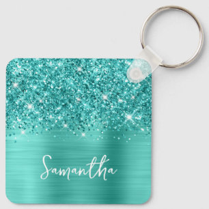 Foto Glitterig Teal Turquoise Glam Schrift Naam Sleutelhanger