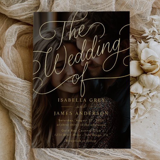 Foto Gold Calligraphy Script Wedding Folie Uitnodiging