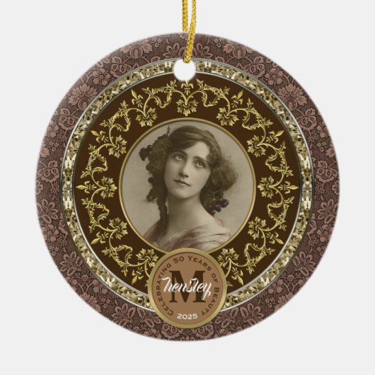 Foto Gold Classic Damask Herdenking Chocolade Keramisch Ornament (Voorkant)