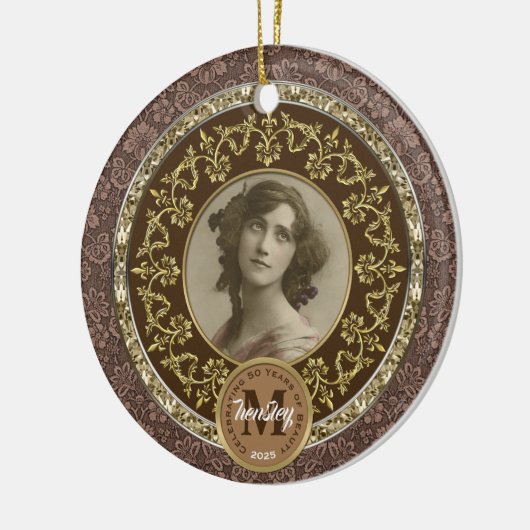 Foto Gold Classic Damask Herdenking Chocolade Keramisch Ornament (Links)