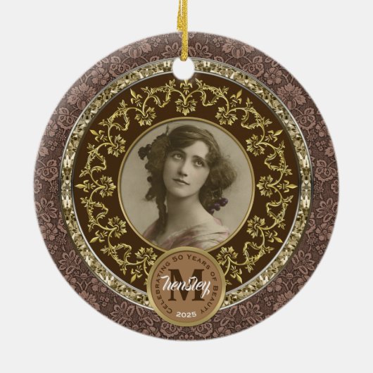 Foto Gold Classic Damask Herdenking Chocolade Keramisch Ornament (Achterkant)