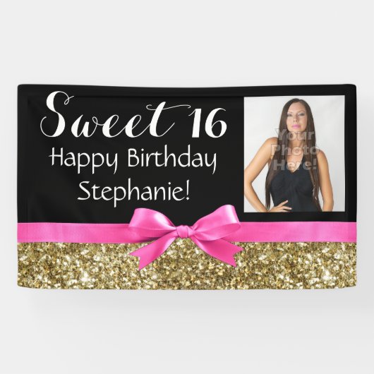 Foto Gold Glitter Pink Sweet 16 Birthday Party Spandoek (Horizontaal)
