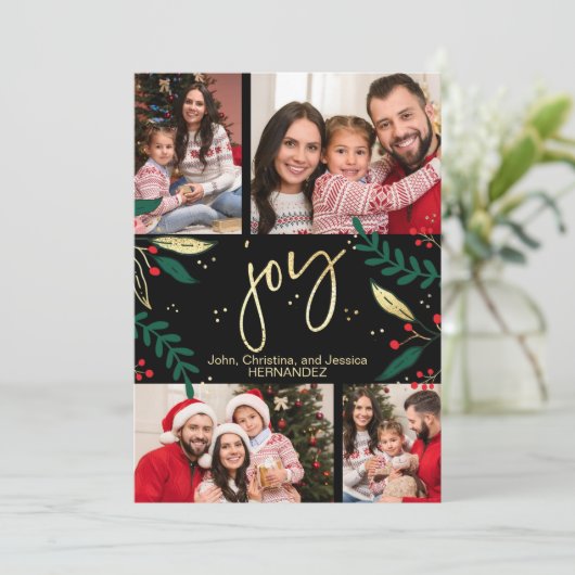Foto Gold Joy op Black KerstGreenery Holiday Feestdagenkaart (Staand voorkant)