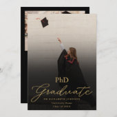 Foto Gold Script PhD Degree Graduation Party Kaart (Voorkant / Achterkant)