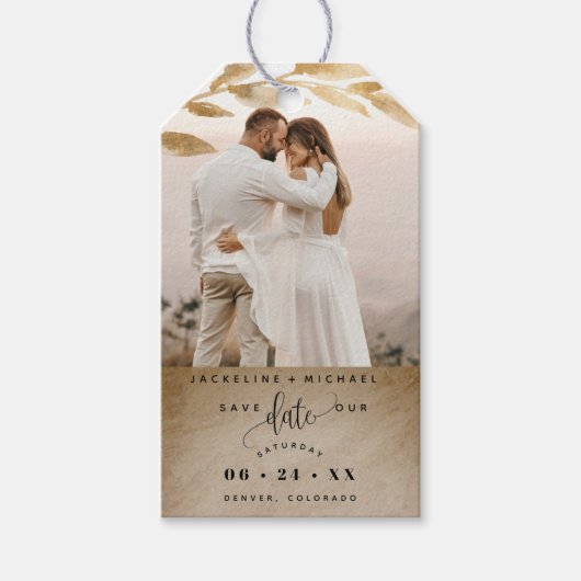 Foto, Gouden bladeren Bruiloft Save the Date Cadeaulabel (Voorkant)