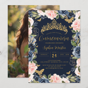 Foto Gouden Marine Roze Bloemen Vlinder Quinceaner Kaart