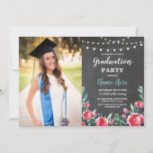 Foto Graduation Party Rozen Red Floral Chalk Kaart (Voorkant)