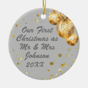 Foto Grijs Goud Eerste Kerstmis Mr Mrs. Keramisch Ornament