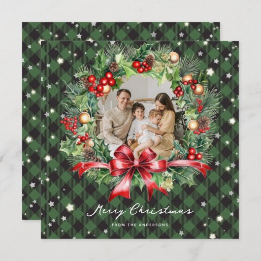 Foto Groen geruite krans sterren Vrolijk Kerstfees Feestdagenkaart (Voorkant / Achterkant)