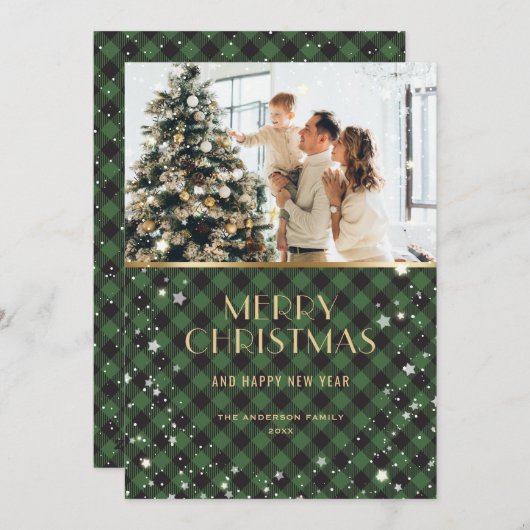 Foto Groen Goud Buffel Plaid Snowy Feestdagenkaart (Voorkant / Achterkant)