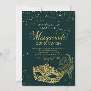 Foto Groen Goud Glitter Masquerade Quinceañera Kaart