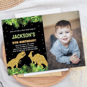 Foto Groen Zwart Glitter Dinosaurus Verjaardag Kaart