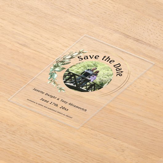 Foto Groene bladeren Bewaar de datum Acryl Uitnodigingen (Laagn)