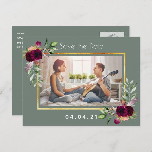 Foto groene bruinbruidbruiloft Save the Date Aankondigingskaart (Voorkant / Achterkant)