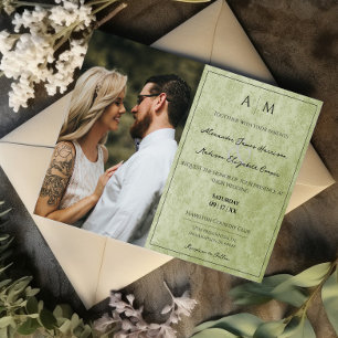 Foto Groene Damask Monogram Huwelijksuitnodiging Kaart