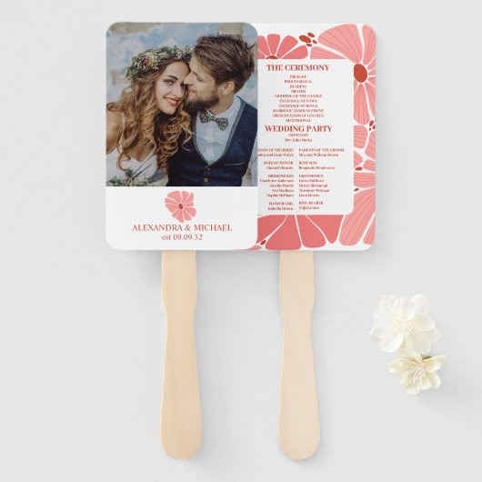 Foto Groovy moderne roze madeliefje bruiloft Handwaaier (Voorkant en achterkant)