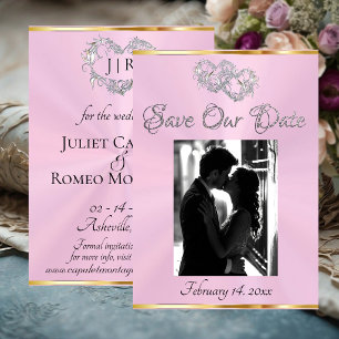 Foto, Harten & Lint - Pastel Roze/Zilver Save The Date