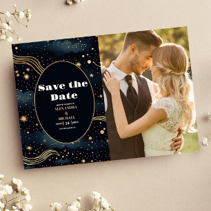 Foto Hemels Middenblauw Sterren Maan Bruiloft Save The Date