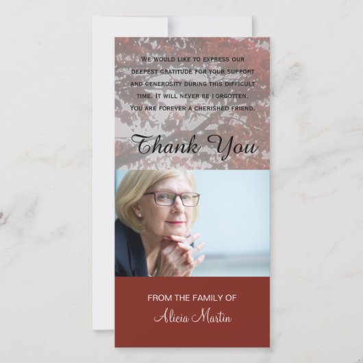 Foto Herdenking Dank Je Wel Rode Herfst Boom Bedankkaart (Voorkant)