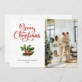 Foto Holly Berries Script Merry Christmas Kaart (Voorkant / Achterkant)