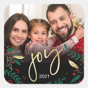 Foto: Joy Black Red Green Greenery Kerstmis Vierkante Sticker